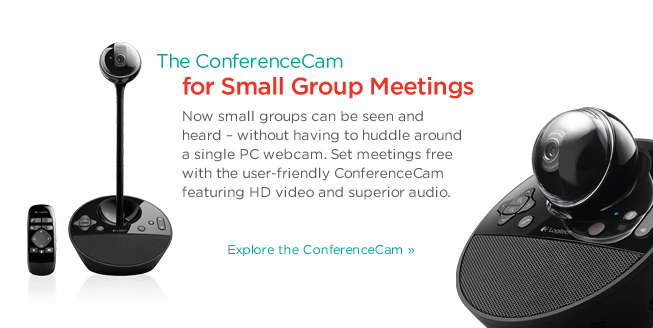 The ConferenceCam for Small Group Meetings. Now small groups can be seen and heard – without having to huddle around a single PC webcam. Set meetings free with the user-friendly ConferenceCam featuring HD video and superior audio. | Explore the ConferenceCam